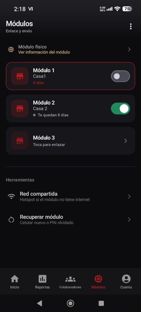 Lista de módulos del negocio